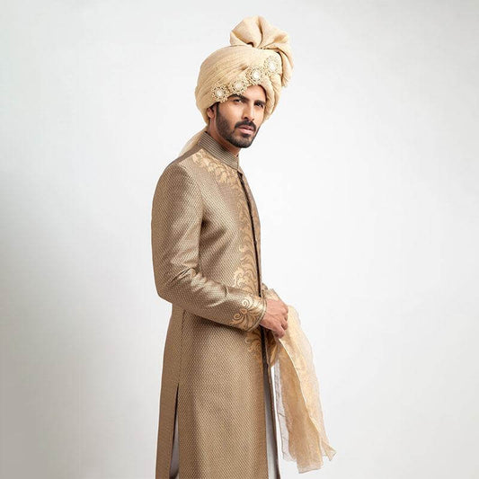 Antique Gold and Black Brocade Sherwani with intricate Zardozi embroidery