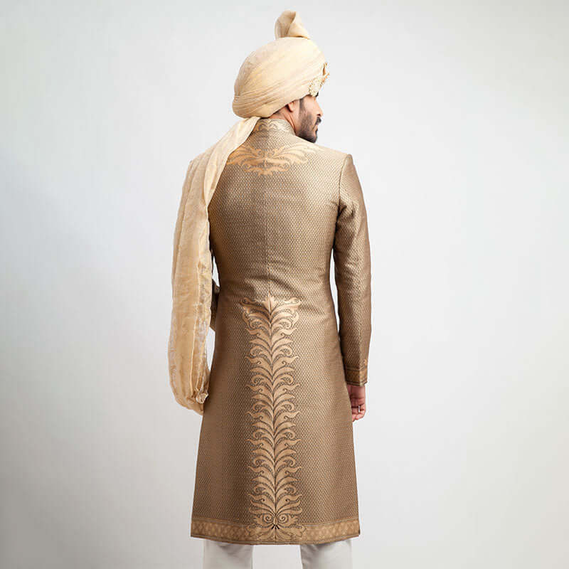Antique Gold and Black Brocade Sherwani with intricate Zardozi embroidery