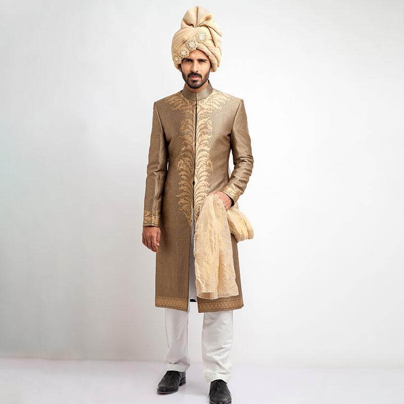 Antique Gold and Black Brocade Sherwani with intricate Zardozi embroidery