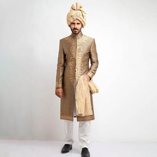 Antique Gold and Black Brocade Sherwani with intricate Zardozi embroidery