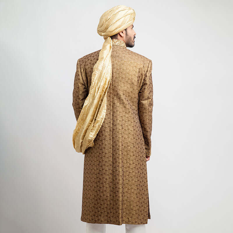 Antique Gold Brocade Silk Form-Fitted Sherwani by Arsalan Iqbal