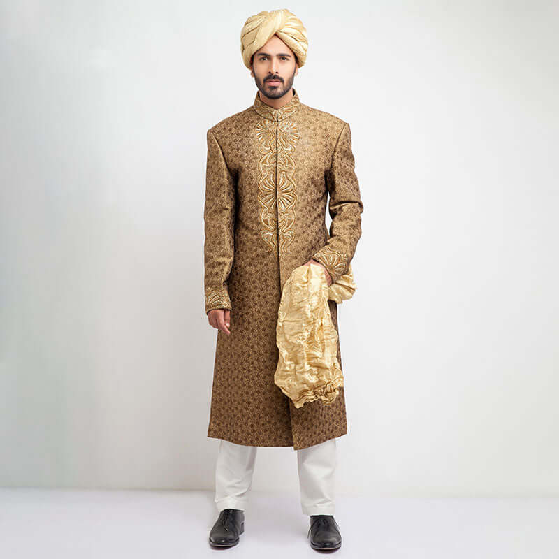 Antique Gold Brocade Silk Form-Fitted Sherwani by Arsalan Iqbal