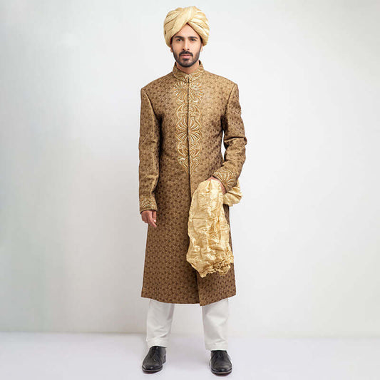 Antique Gold Brocade Silk Form-Fitted Sherwani by Arsalan Iqbal