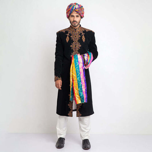 Antique Ivory Pure Jamavar Silk Form-Fitted Sherwani with intricate embroidery