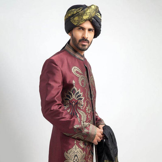 Antique Silver and Burgundy Brocade Sherwani with intricate embroidery details