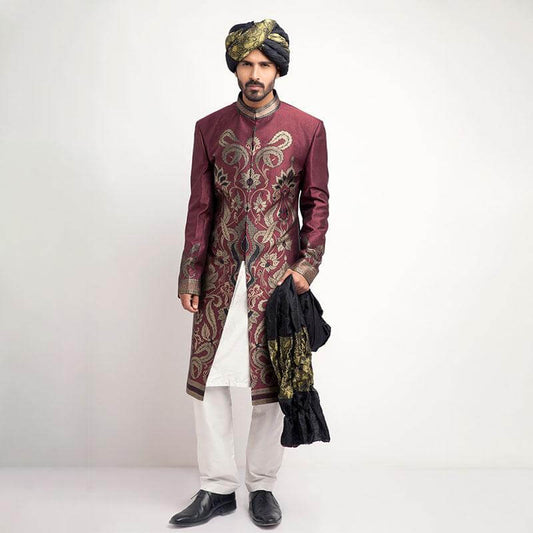 Antique Silver and Burgundy Brocade Sherwani with intricate embroidery details