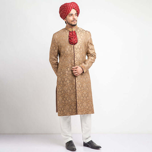 Arsalan Iqbal Gold Brocade Silk Form Fitted Sherwani with Red Turban Full Length Front View for Men