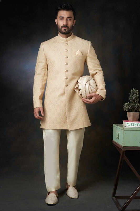 Arsalan Iqbal Gold Paisleys Rawsilk Sherwani with Custom AI Signature Buttons Full Length Front View for Men
