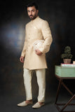 Arsalan Iqbal Gold Paisleys Rawsilk Sherwani with Custom AI Signature Buttons Full Length Three-Quarter View for Men