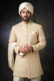 Arsalan Iqbal Gold Paisleys Rawsilk Sherwani with Custom AI Signature Buttons and Turban Upper Body Close-Up View for Men