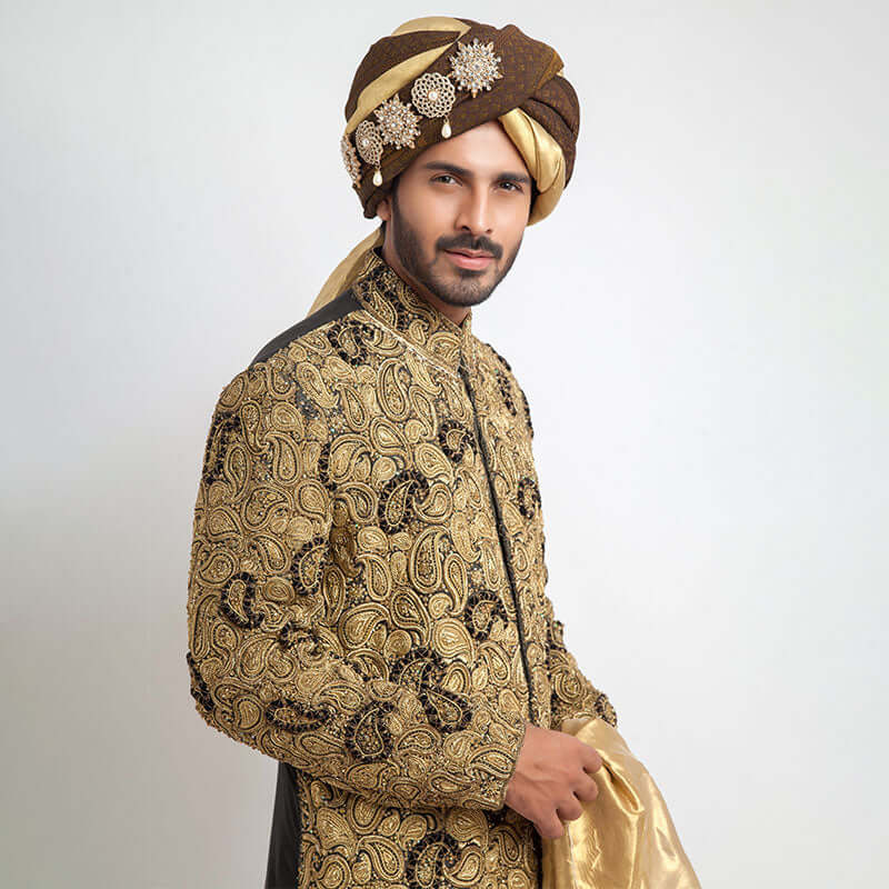 Black and Gold Pure Jamavar Silk Form-Fitted Sherwani with luxurious embroidery