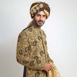 Black and Gold Pure Jamavar Silk Form-Fitted Sherwani with luxurious embroidery