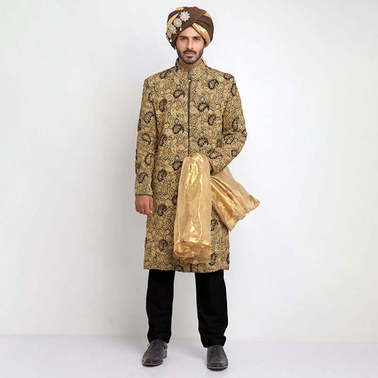 Black and Gold Pure Jamavar Silk Form-Fitted Sherwani with luxurious embroidery