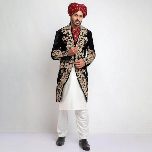 Black Shux Sherwani with Heavy Anchor Threadwork, showcasing intricate craftsmanship