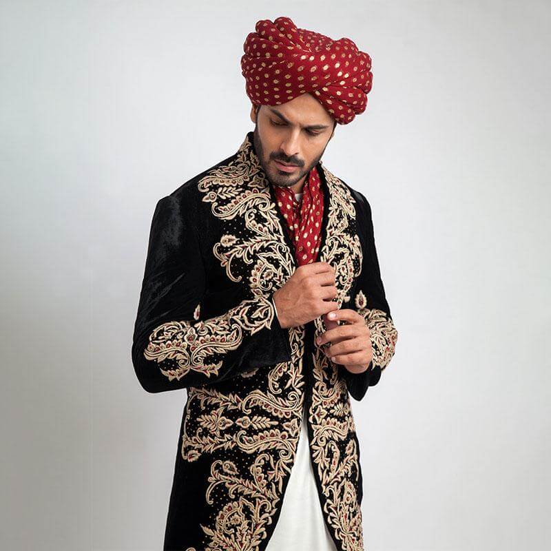Black Shux Sherwani with Heavy Anchor Threadwork, showcasing intricate craftsmanship