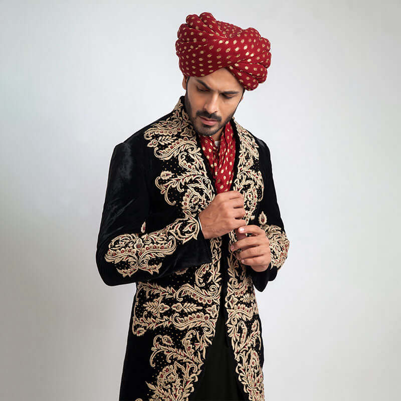 Black Shux Sherwani with Heavy Anchor Threadwork, showcasing intricate craftsmanship