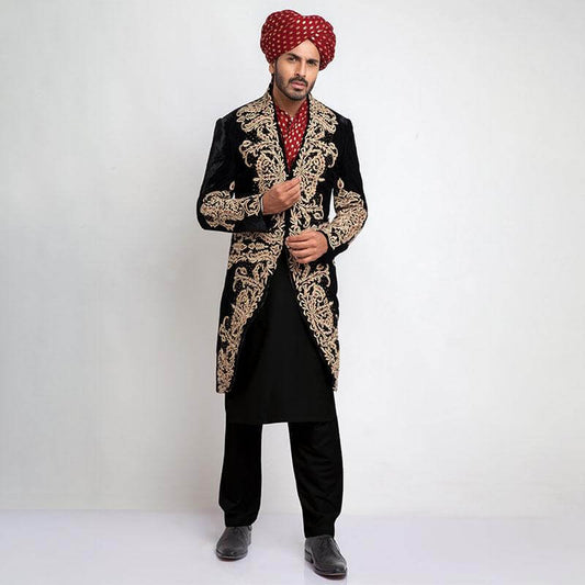 Black Shux Sherwani with Heavy Anchor Threadwork, showcasing intricate craftsmanship