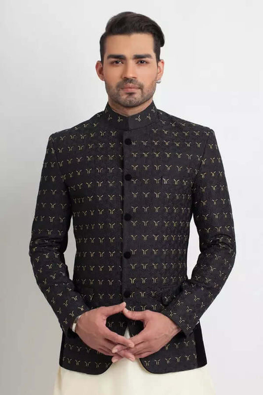 Jet Black Textured Silk Prince Coat  AI-JKT-00010