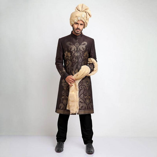 Chocolate Brown Brocade Form-Fitted Sherwani with intricate detailing