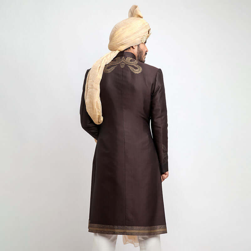 Chocolate Brown Brocade Form-Fitted Sherwani with intricate detailing
