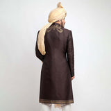Chocolate Brown Brocade Form-Fitted Sherwani with intricate detailing