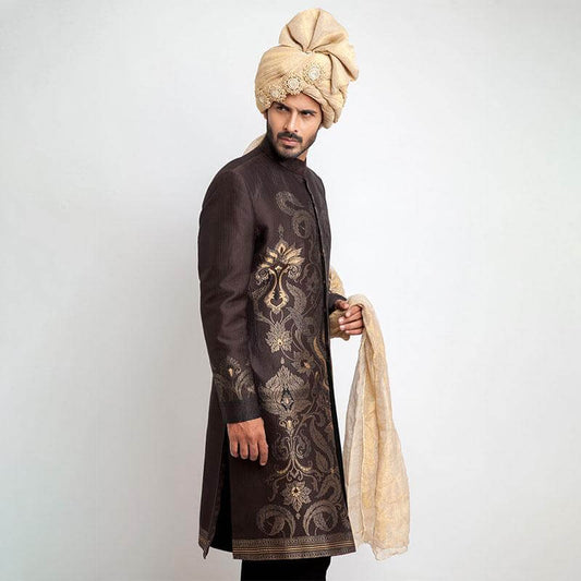 Chocolate Brown Brocade Form-Fitted Sherwani with intricate detailing