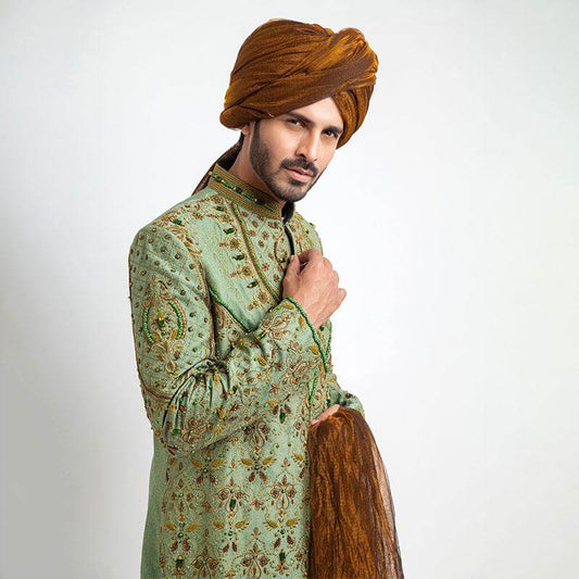 Dark Pistachio Green Jamavar Silk Sherwani with refined form-fitted design