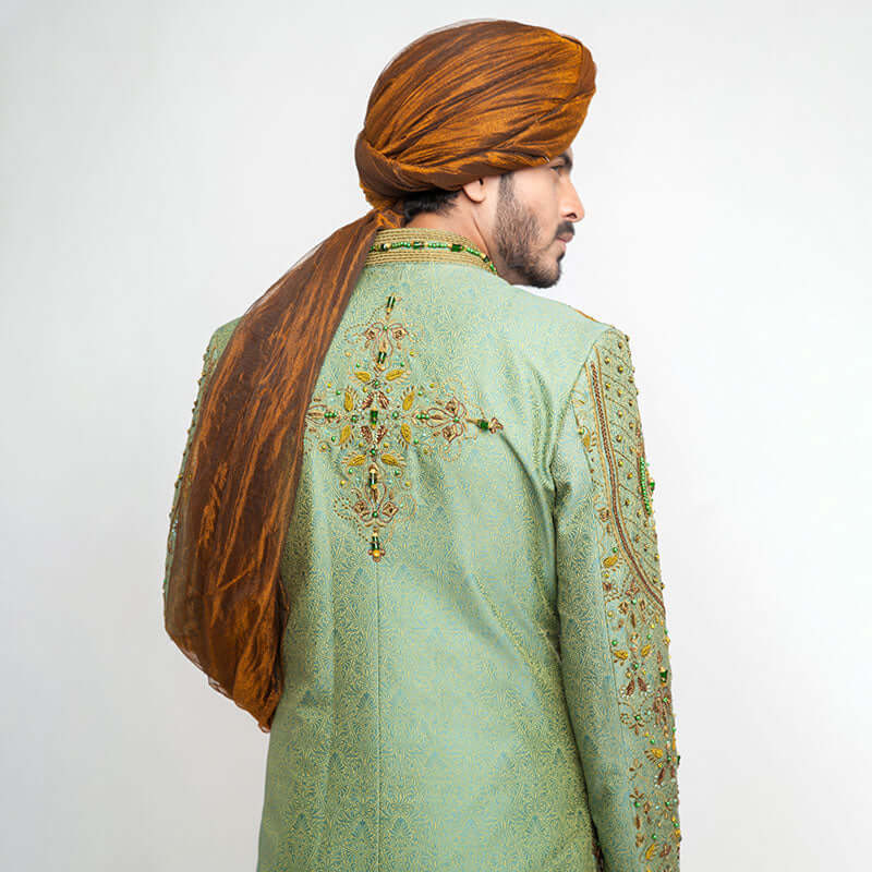 Dark Pistachio Green Jamavar Silk Sherwani with refined form-fitted design