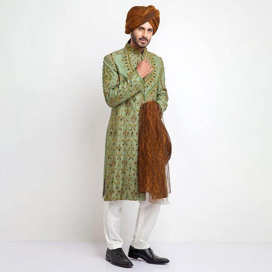 Dark Pistachio Green Jamavar Silk Sherwani with refined form-fitted design