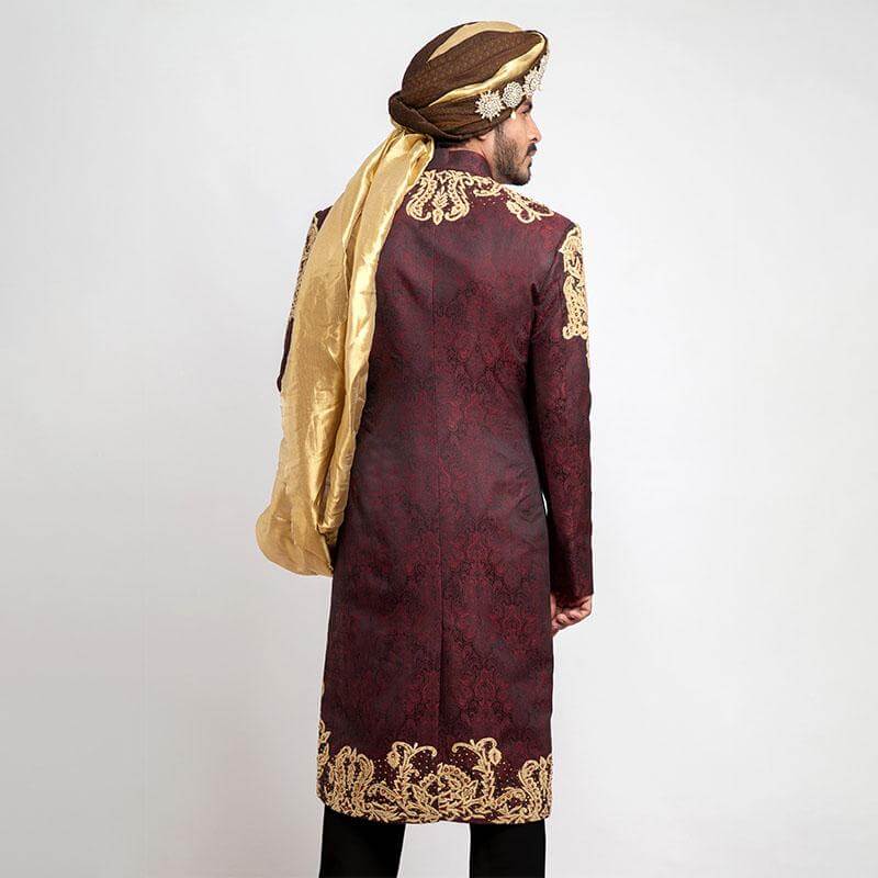 Deep Burgundy Pure Jamavar Silk Shux Sherwani with intricate embroidery
