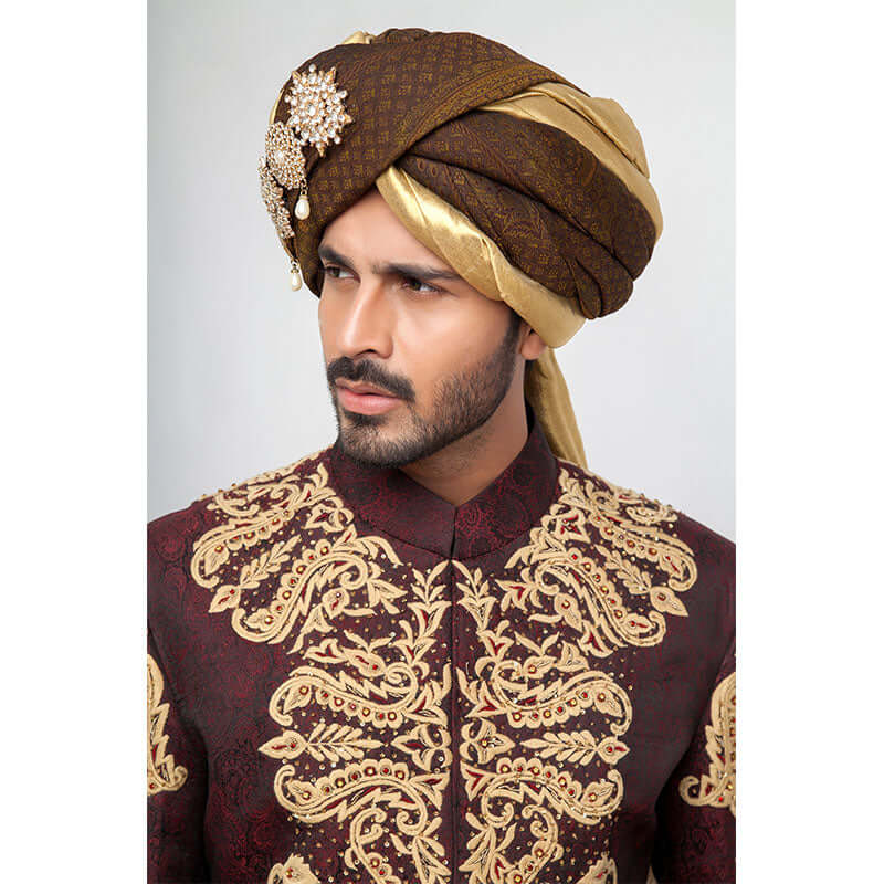 Deep Burgundy Pure Jamavar Silk Shux Sherwani with intricate embroidery