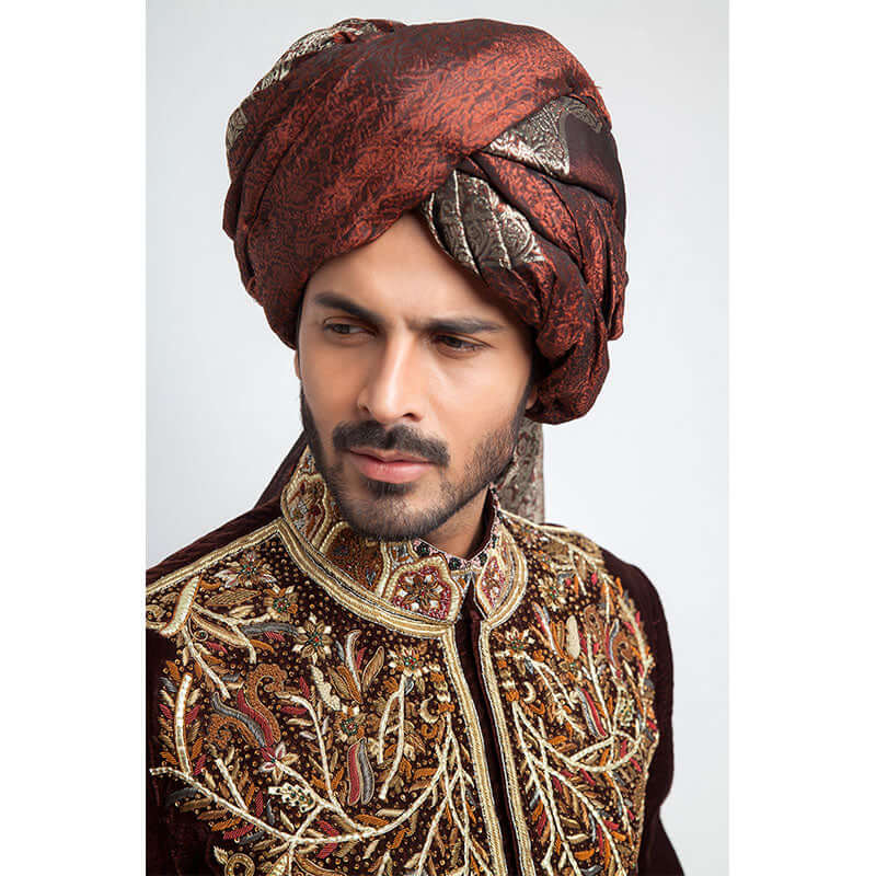 Deep Burgundy Velvet Form-Fitted Sherwani with rich texture and detailed embroidery