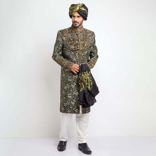 Deep Green Dragon Brocade Form-Fitted Sherwani with intricate dragon motifs