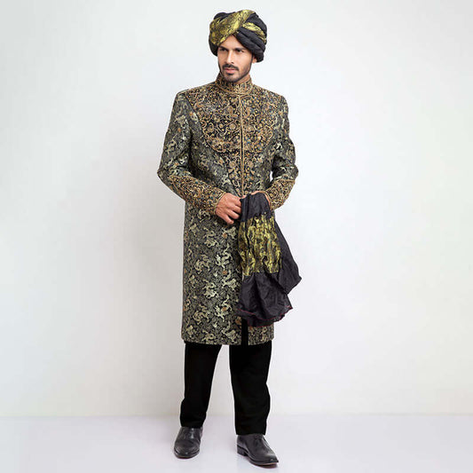 Deep Green Dragon Brocade Form-Fitted Sherwani with intricate dragon motifs