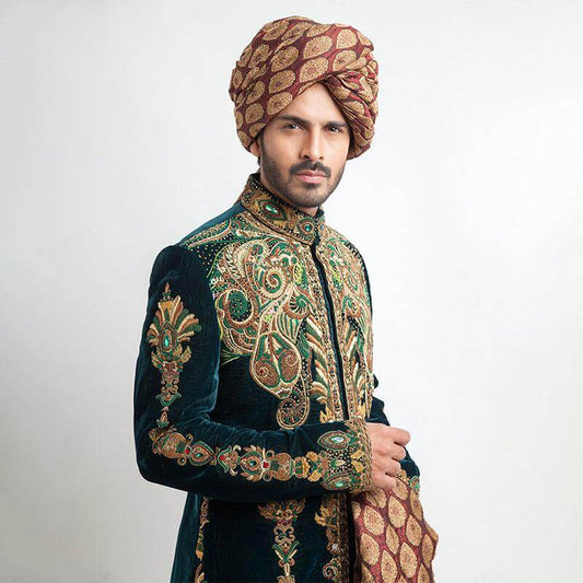 Luxurious deep sea green velvet sherwani with tailored fit for grooms