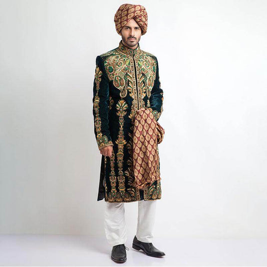 Luxurious deep sea green velvet sherwani with tailored fit for grooms
