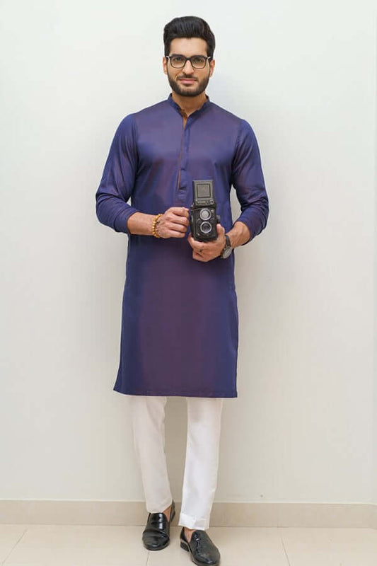 Bluish Purple Kurta and White Pyjama