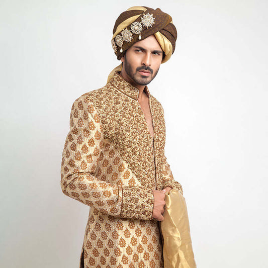 Antique Gold Brocade Silk Form-Fitted Sherwani with intricate detailing and elegant design