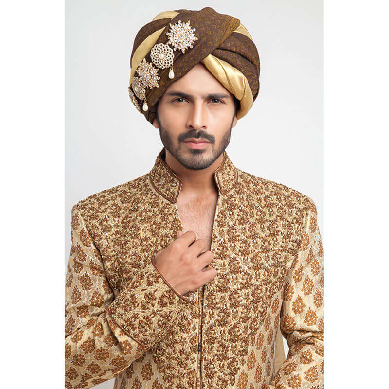 Antique Gold Brocade Silk Form-Fitted Sherwani with intricate detailing and elegant design