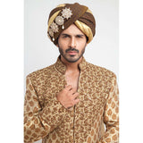 Antique Gold Brocade Silk Form-Fitted Sherwani with intricate detailing and elegant design