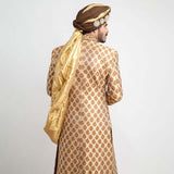 Antique Gold Brocade Silk Form-Fitted Sherwani with intricate detailing and elegant design