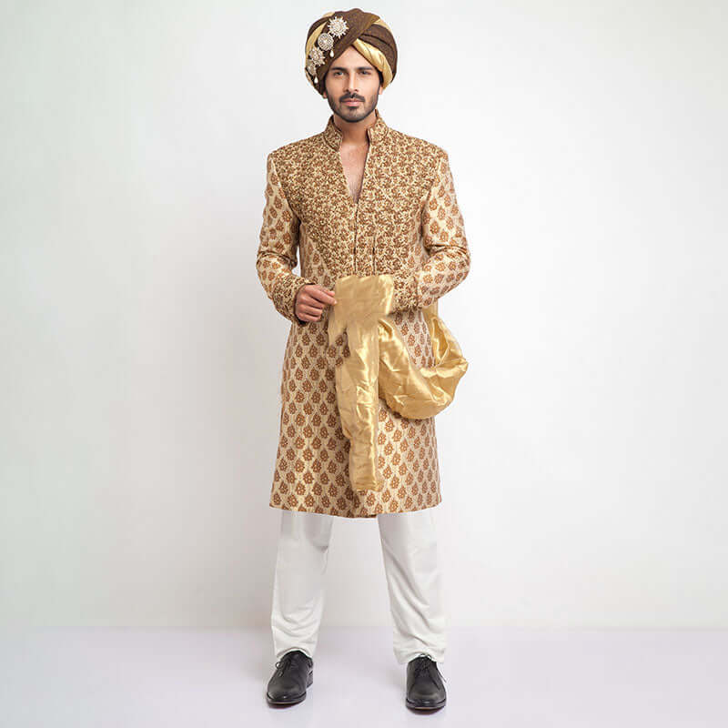 Antique Gold Brocade Silk Form-Fitted Sherwani with intricate detailing and elegant design