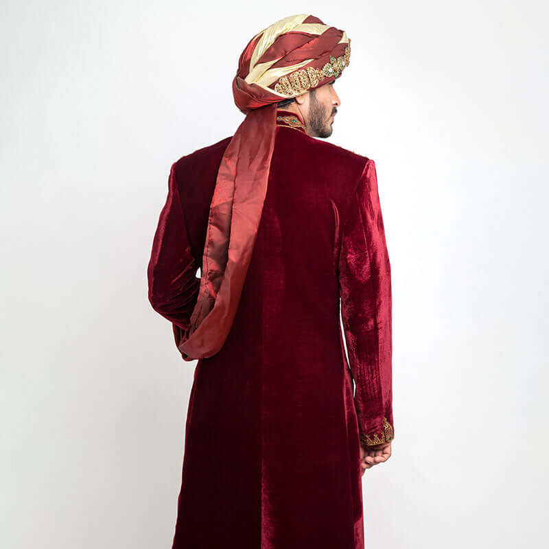 Burnt Red Velvet Form-Fitted Sherwani with elegant detailing and refined texture