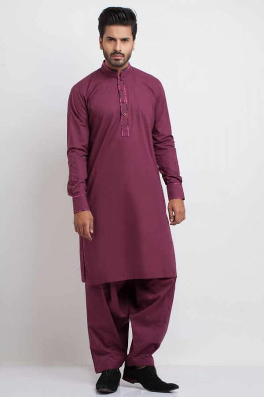 Purple Cotton Shalwar Kameez with Check Contrast