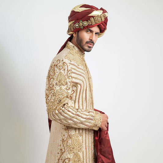 Ivory Pure Jamavar Silk Form-Fitted Sherwani with intricate detailing