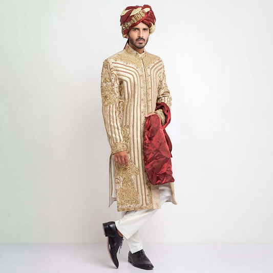 Ivory Pure Jamavar Silk Form-Fitted Sherwani with intricate detailing