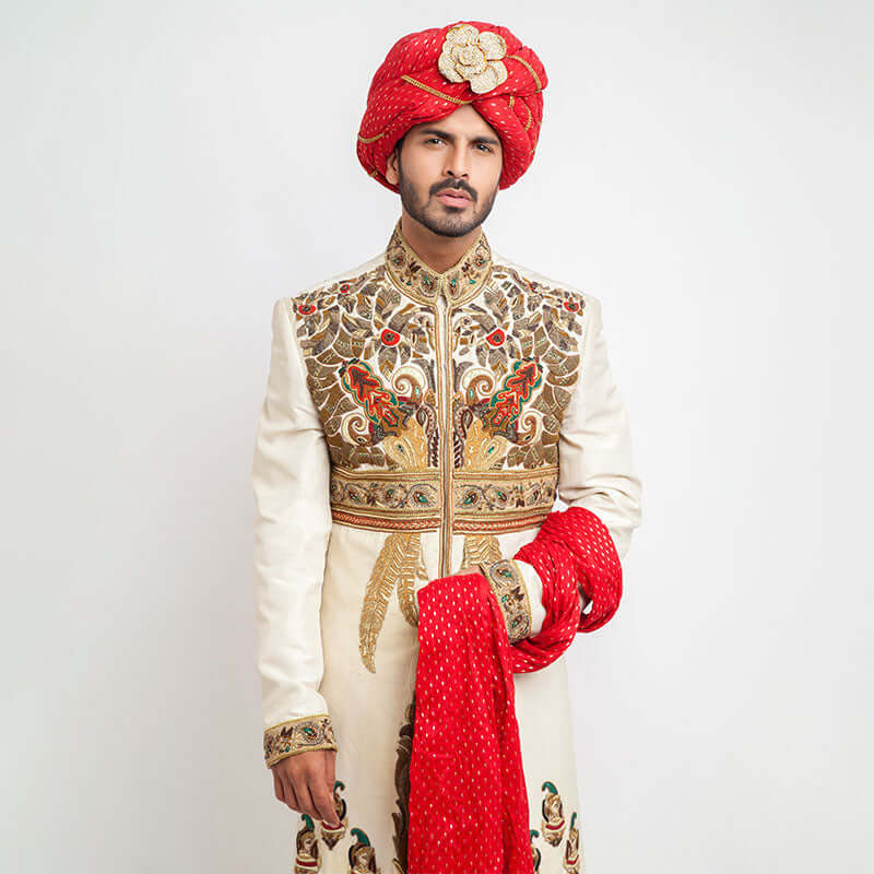Ivory Raw Silk Form-Fitted Sherwani with elegant embroidery and sleek design