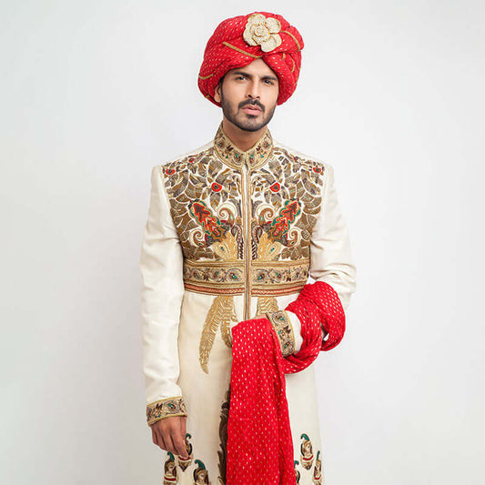 Ivory Raw Silk Form-Fitted Sherwani with elegant embroidery and sleek design