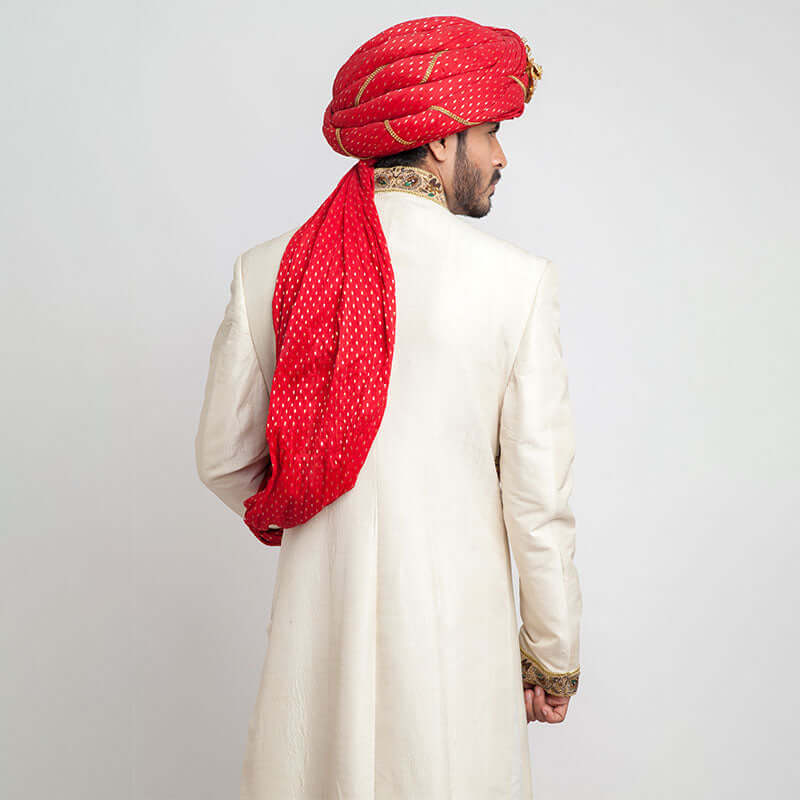 Ivory Raw Silk Form-Fitted Sherwani with elegant embroidery and sleek design