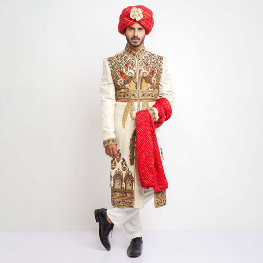 Ivory Raw Silk Form-Fitted Sherwani with elegant embroidery and sleek design